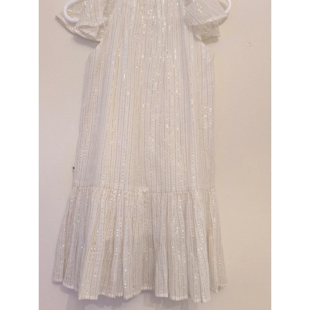 Molo Calee Girls Dress Metallic Gold Silver‎ Stripe Flutter Sleeve White 98- 3T